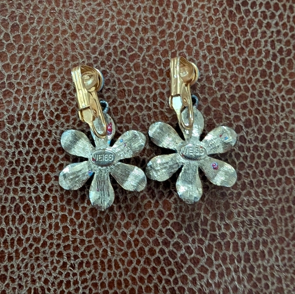 Vintage Weiss Turquoise Flower Drop Clip On Earrings - Picture 4 of 5